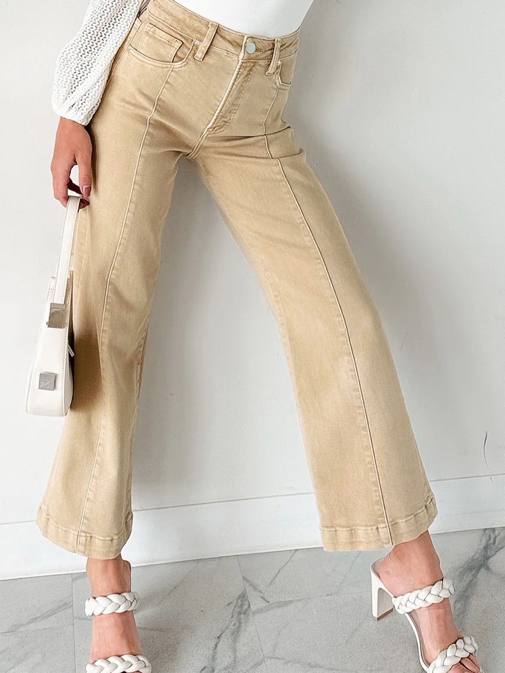 ♥️Hello Gorgeous! Tan/Khaki Wide Leg Cropped Jeans High-Waist Sizes 4-12 - Picture 3 of 11